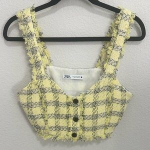 Zara Textured Weave Frayed Hem Yellow Black Tweed Clueless Crop Top Y2K Medium